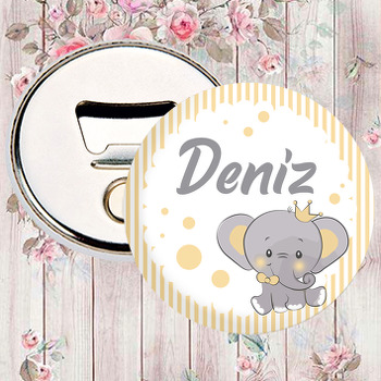 Sarı Taçlı Fil ile Çizgili Fon Temalı Hoşgeldin Bebek Magnet Açacak