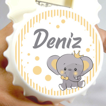 Sarı Taçlı Fil ile Çizgili Fon Temalı Kapak Şekilli Magnet Açacak