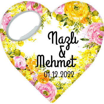 Sarı Yağlıboya Güller Temalı Kalp Şekilli Magnet Açacak