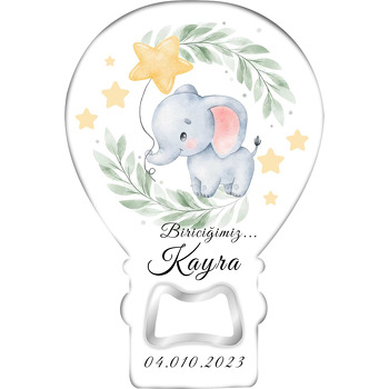 Sarı Yıldız Balonlu Fil ile Yaprak Çerçeve Temalı Balon Ahşap Magnet 