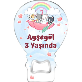 Şemsiye Gemisi ile Kediler Temalı Balon Ahşap Magnet 