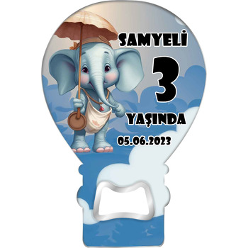 Şemsiyeli Bebek Fil ile Mavi Bulutlar Temalı Balon Ahşap Magnet 