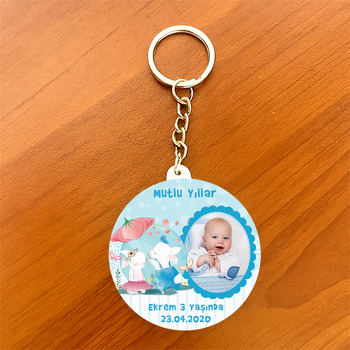 Şemsiyeli Tavşan Temalı Resimli Daire Plastik Anahtarlık