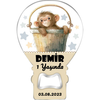 Sepette Bebek Maymun ile Yıldızlar Temalı Balon Ahşap Magnet 