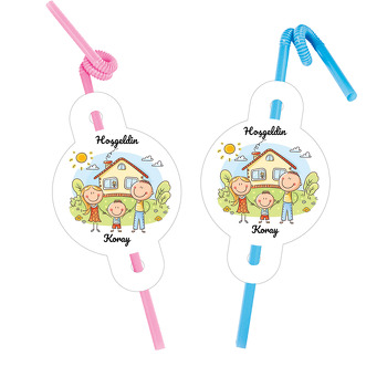 Sevimli Aile ile Ev Temalı Pipet ve Kartı