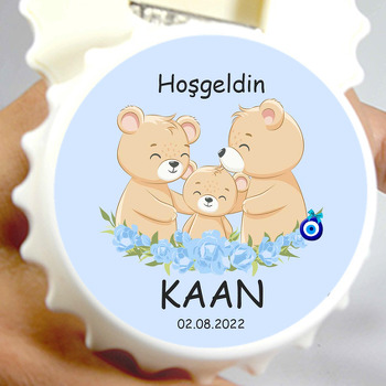Sevimli Ayı Ailesi ile Mavi Güller Temalı Kapak Şekilli Magnet Açacak