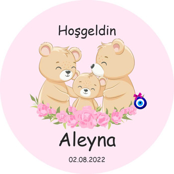 Sevimli Ayı Ailesi ile Pembe Güller Temalı Daire Plastik Anahtarlık
