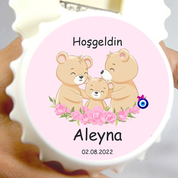 Sevimli Ayı Ailesi ile Pembe Güller Temalı Kapak Şekilli Magnet Açacak