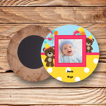 Sevimli Ayı Temalı Resimli Ahşap Daire Magnet