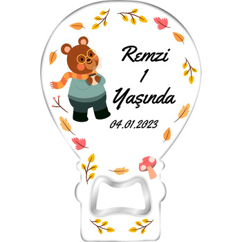 Sevimli Ayıcık ile Yapraklar Temalı Balon Ahşap Magnet 