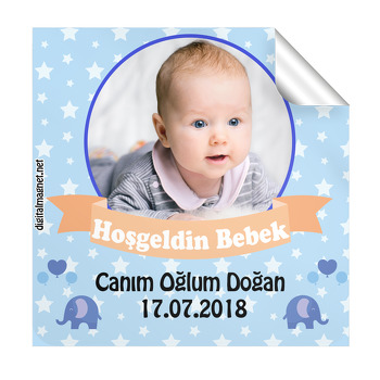 Sevimli Balon Temalı Bebek Fil  Hoşgeldin  Kare Etiketi