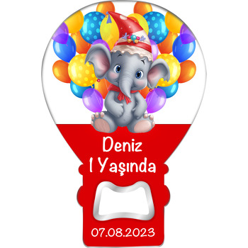 Sevimli Fil ile Renkli Balonlar Kırmızı Temalı Balon Ahşap Magnet 