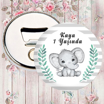 Sevimli Fil ve Yapraklar Gri Çizgili Fon Temalı Magnet Açacak