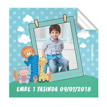 Sevimli Hayvanlar Temalı 1 Yaş Doğum Günü  Kare Etiket