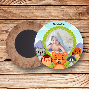 Sevimli Hayvanlar Temalı Resimli Ahşap Daire Magnet