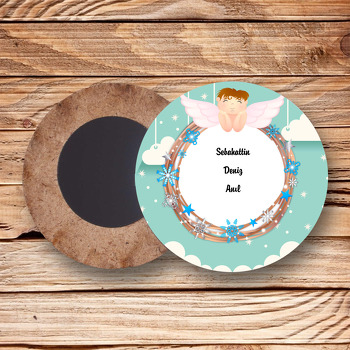 Sevimli Melek Temalı Ahşap Daire Magnet