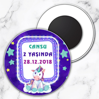 Sevimli Mor Unicorn  Temalı Daire Plastik Magnet