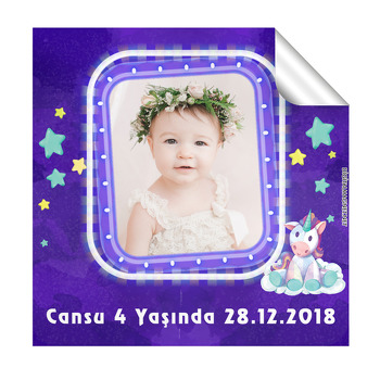 Sevimli Mor Unicorn Temalı Doğum Günü  Kare Etiket