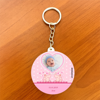 Sevimli Pembe Fil Temalı Hoşgeldin Bebek Daire Plastik Anahtarlık