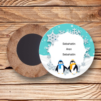 Sevimli Penguen Temalı Ahşap Daire Magnet