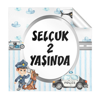 Sevimli Polis ile Köpeği Temalı Kare Parti Etiket
