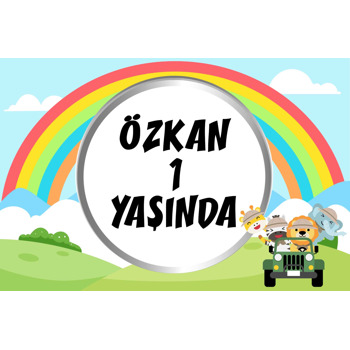 Sevimli Safari Hayvanları ile Gökkuşağı Temalı Doğum Günü Afiş