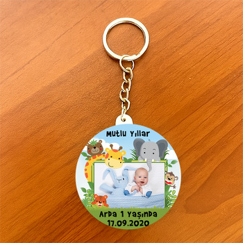 Sevimli Safari Temalı Resimli Daire Plastik Anahtarlık