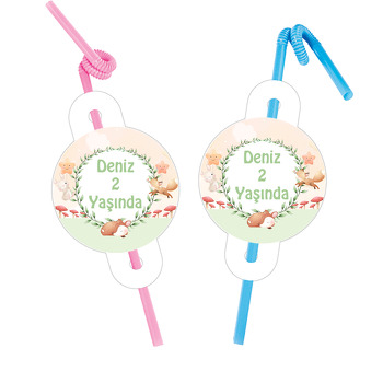 Sevimli Soft Hayvanlar ile Yaprak Çerçeve Temalı Pipet ve Kartı