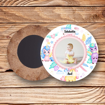 Sevimli Soft Unicorn Temalı Resimli Ahşap Daire Magnet