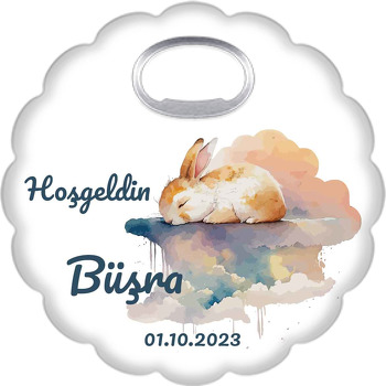 Sevimli Tavşan ile Suluboya Bulutlar Temalı Çiçek Şekilli Magnet Açacak