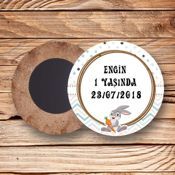 Sevimli Tavşan Temalı Ahşap Daire Magnet