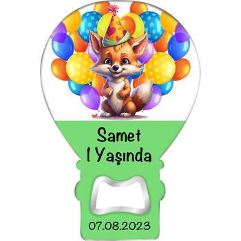 Sevimli Tilki ile Renkli Balonlar Yeşil Temalı Balon Ahşap Magnet 