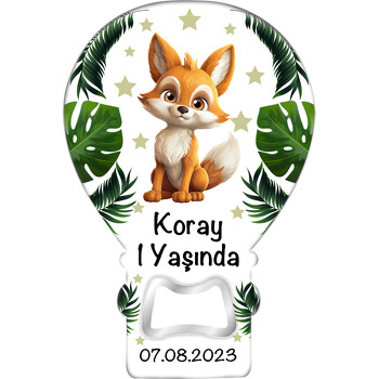 Sevimli Tilki Tropikal Yapraklar ile Yıldızlar Temalı Balon Ahşap Magnet 