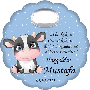 Sevimli Yavru İnek Mavi Fon Temalı Çiçek Şekilli Magnet Açacak
