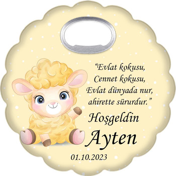 Sevimli Yavru Kuzu Sarı Fon Temalı Çiçek Şekilli Magnet Açacak