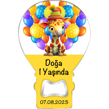 Sevimli Zürafa ile Renkli Balonlar Sarı Temalı Balon Ahşap Magnet 
