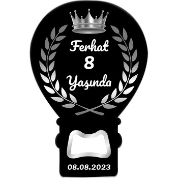 Silver Taç ile Yapraklar Siyah Fon Temalı Balon Ahşap Magnet 