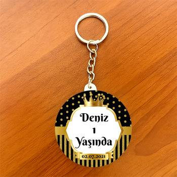 Simli Siyah Puantiye ile Gold Çerçeve Temalı Daire Plastik Anahtarlık