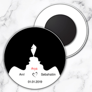 Siyah Beyaz Çift  Söz Nişan Nikah Daire Plastik Magnet