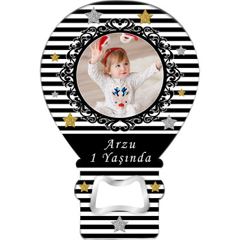 Siyah Beyaz Çizgili Fon ile Simli Yıldız Temalı Balon Ahşap Magnet 