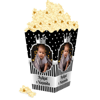 Siyah Beyaz Puantiye ile Gümüş Çerçeve Temalı Popcorn Kutusu