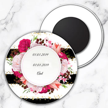 Siyah Beyaz Zeminli Pembe Gül Temalı Söz Nişan Nikah Daire Plastik Magnet