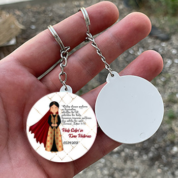 Siyah Elbiseli Tesettürlü Gelin ile Gold Beyaz Fon Temalı Daire Plastik Anahtarlık