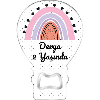 Siyah Kalpli Pembe Gökkuşağı Puantiye Fon Temalı Balon Ahşap Magnet 