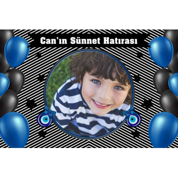 Siyah Mavi Yıldızlar ile Balonlarla Siyah Beyaz Fonda Sünnet Temalı Plastik Magnet