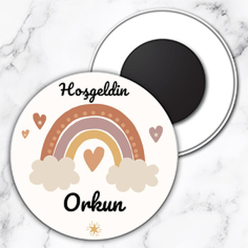 Soft Natural Tonlarda Kalpli Gökkuşağı Temalı Daire Plastik Magnet