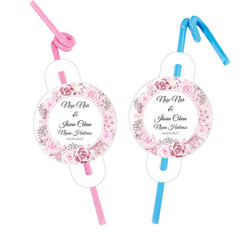 Soft Pembe Güller ile Daire Çerçeve Temalı Pipet ve Kartı