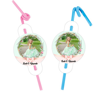 Soft Pembe Kurdele ve Yaprak Çerçeve Temalı Pipet ve Kartı