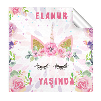 Soft Pink Unicorn Temalı Kare Etiket