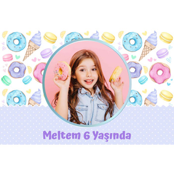 Soft Renklerle Donut Macaron ile Dondurma Temalı Doğum Günü Hediyelik Magnet